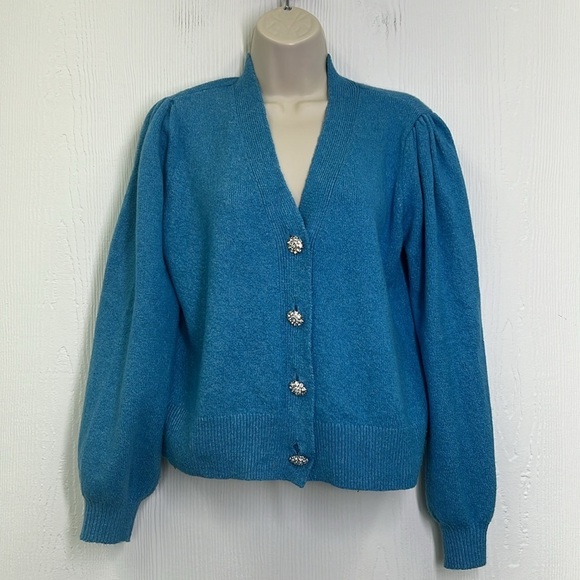 Loft - Blue Jewel Rhinestone Button Up Long Sleeve Cardigan Size Medium - Picture 3 of 11